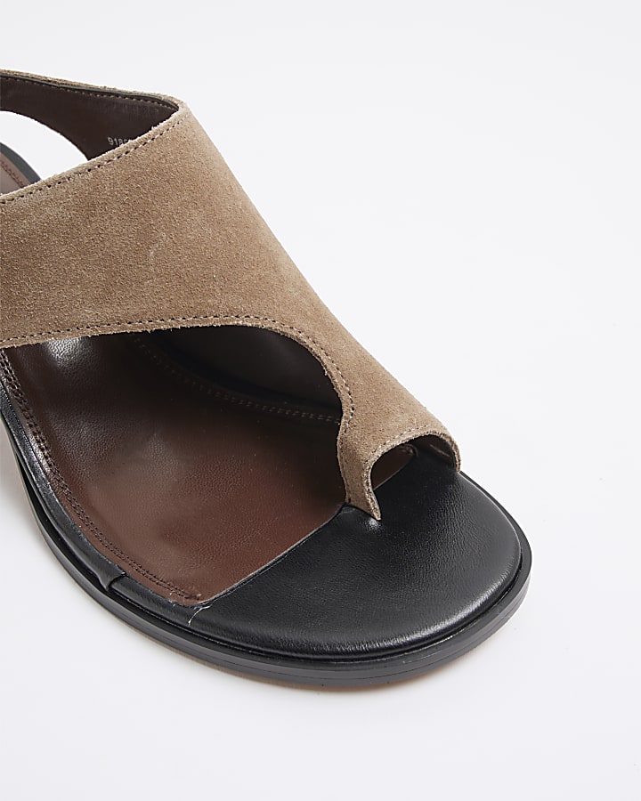 Brown Suede Toe Thong Block Heeled Sandals