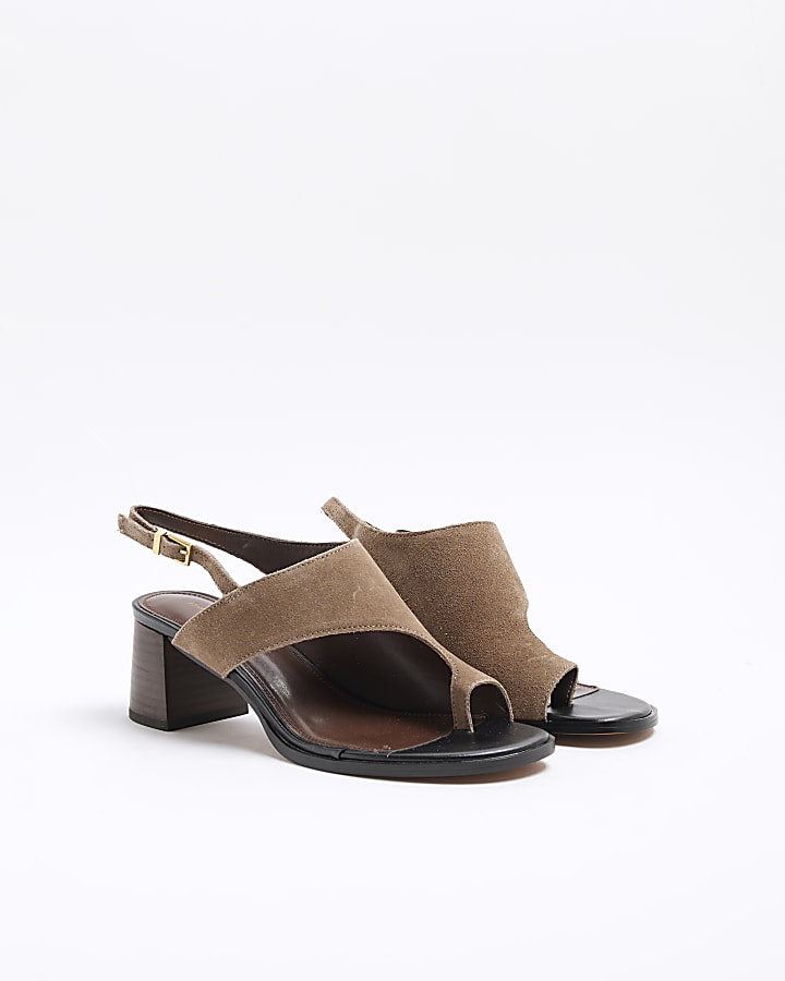 Brown Suede Toe Thong Block Heeled Sandals