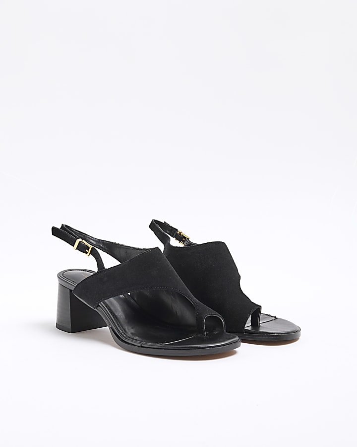 Black Suede Toe Thong Block Heeled Sandals