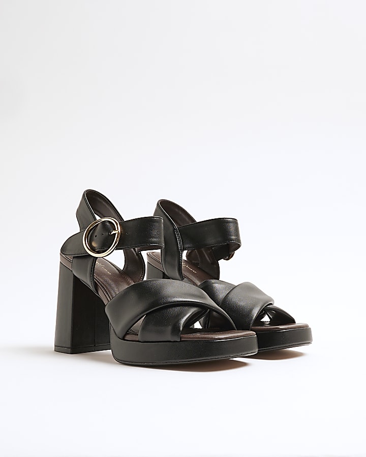 Black Cross Strap Platform Heeled Sandals