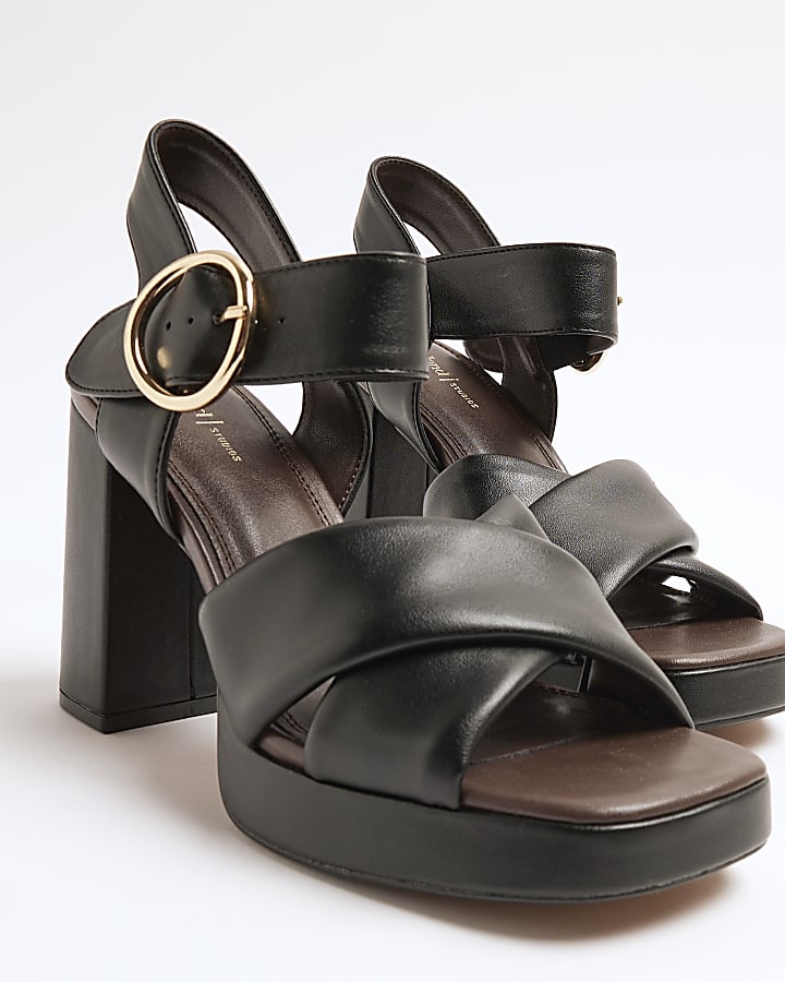 Black Cross Strap Platform Heeled Sandals