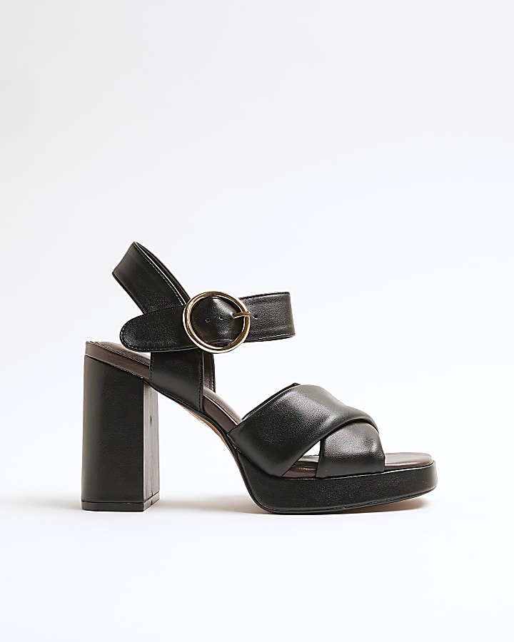 Black Cross Strap Platform Heeled Sandals