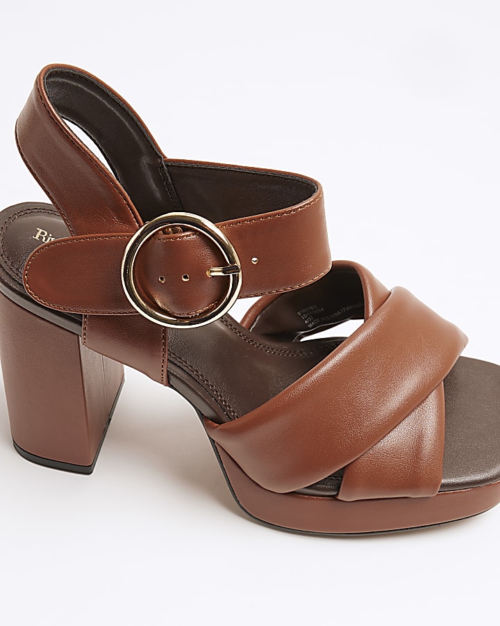 Brown Cross Strap Platform Heeled Sandals