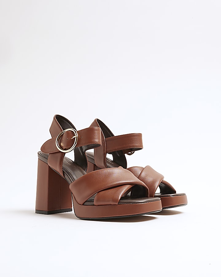 Brown Cross Strap Platform Heeled Sandals