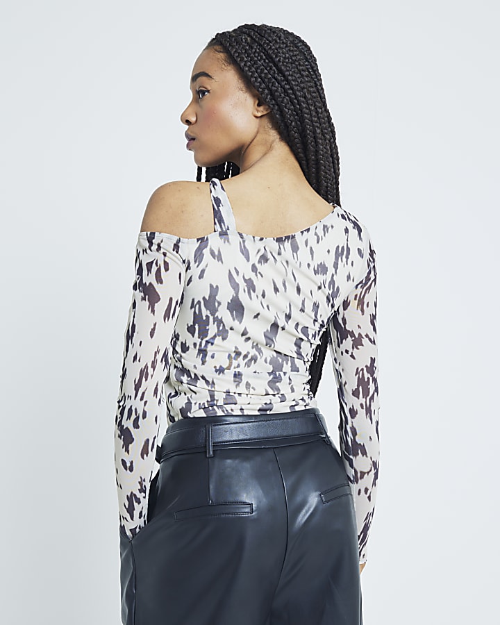 White Animal Print Layered Mesh Trim Top