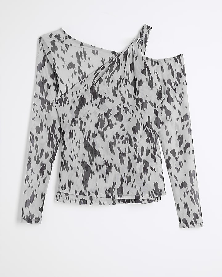 White Animal Print Layered Mesh Trim Top