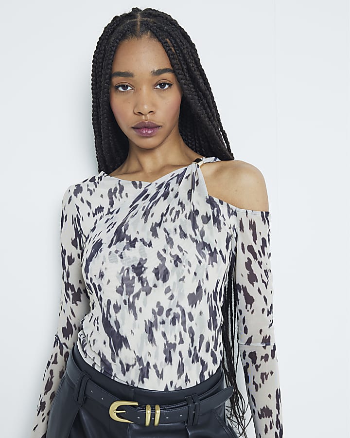 White Animal Print Layered Mesh Trim Top