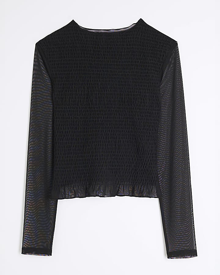 Black Mesh Long Sleeve Shirred Top