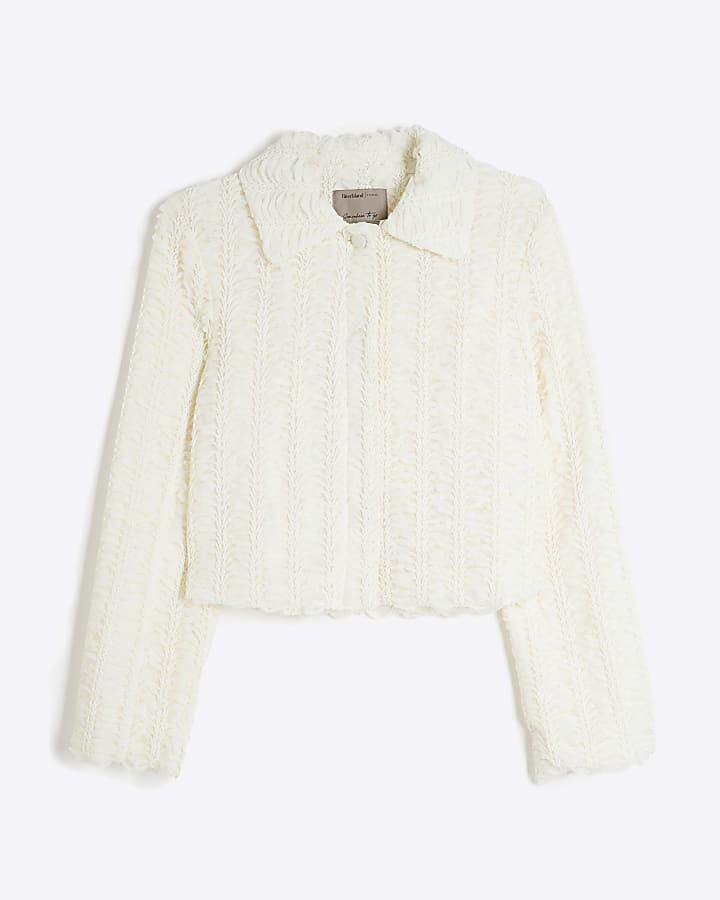 Cream Textured Collared Trophy Jacket