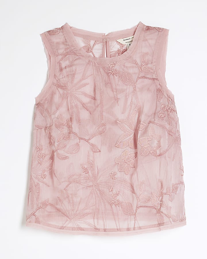 Pink Sleeveless Floral Embroidered Tank Top