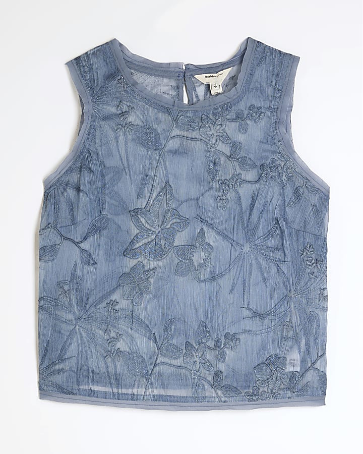 Blue Sleeveless Floral Embroidered Tank Top