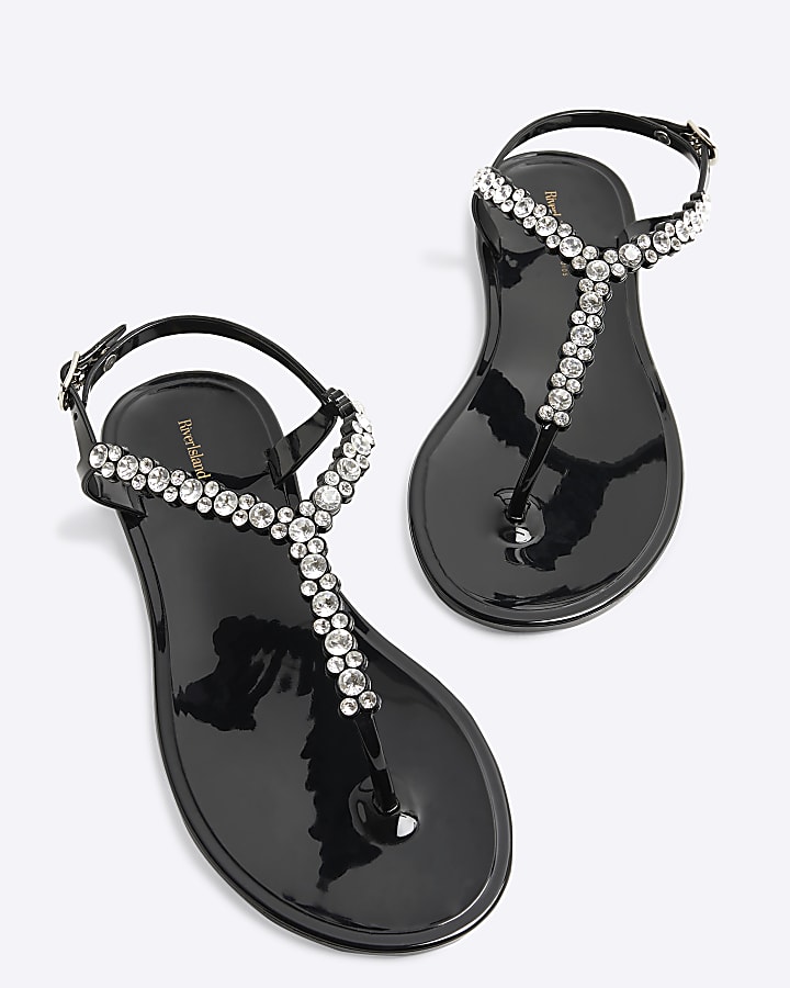 Black Embellished Jelly Sandals