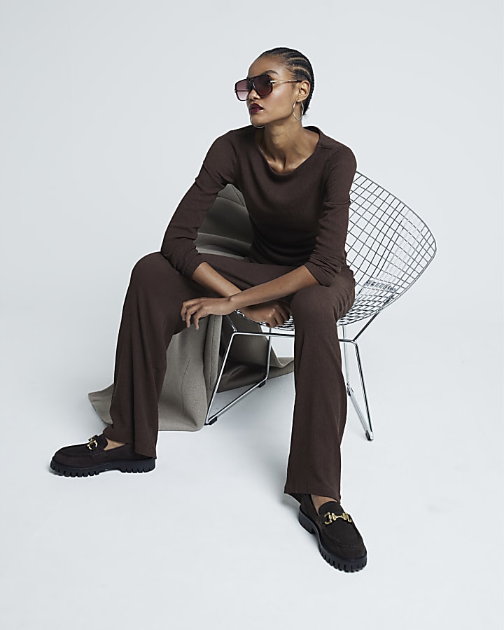 Brown Long Sleeved Textured Neck Top