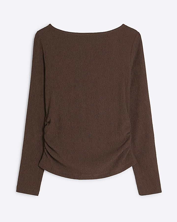 Brown Long Sleeved Textured Neck Top