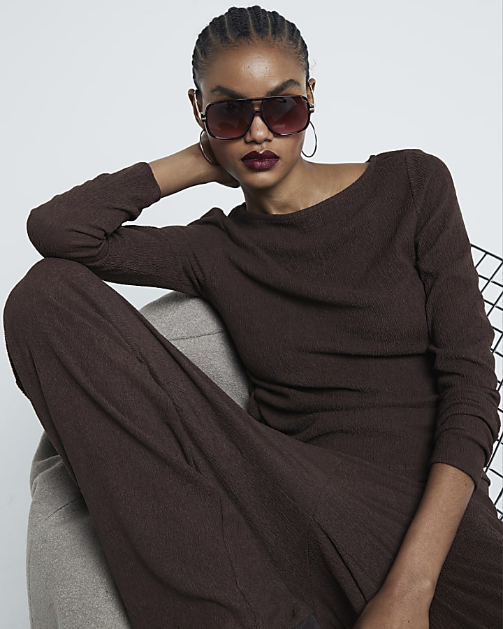 Brown Long Sleeved Textured Neck Top
