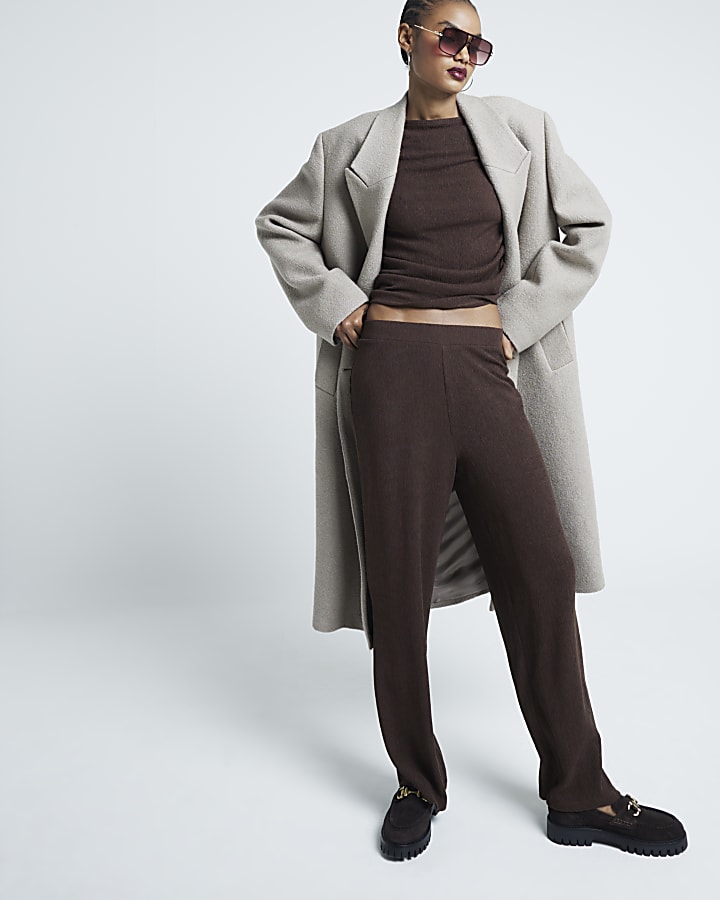 Brown Textured Wide Leg Trousers