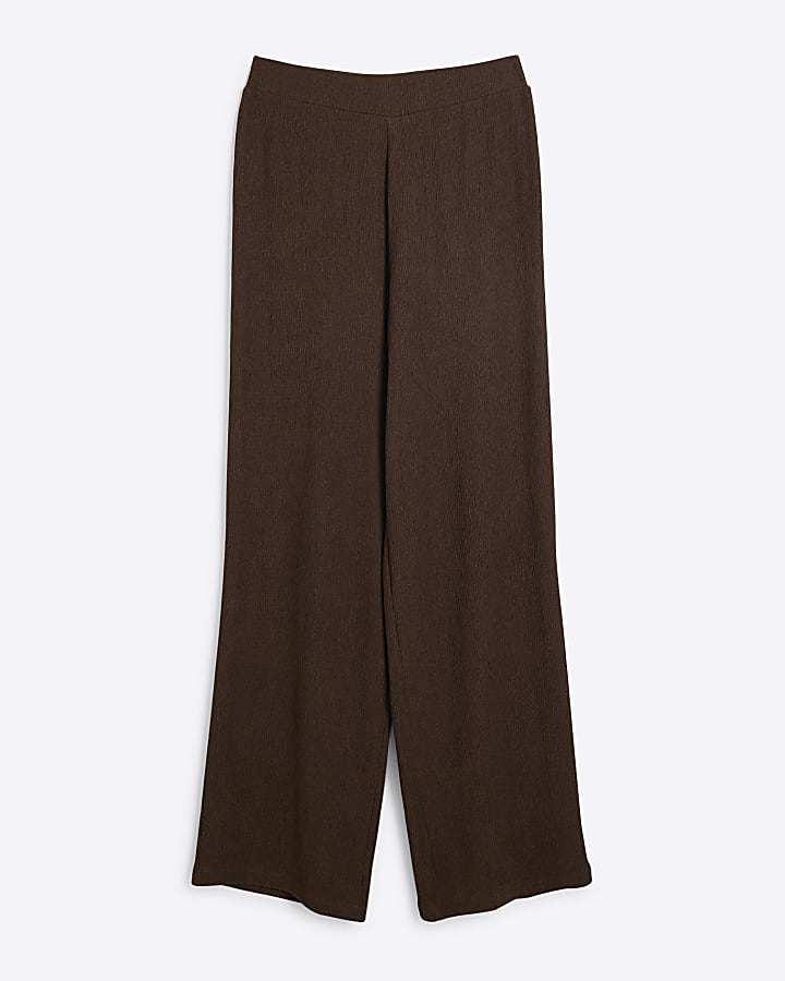 Brown Textured Wide Leg Trousers