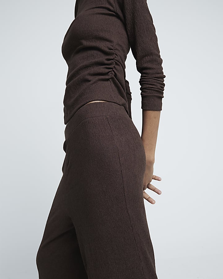 Brown Textured Wide Leg Trousers