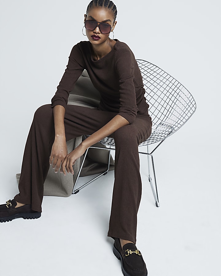 Brown Textured Wide Leg Trousers