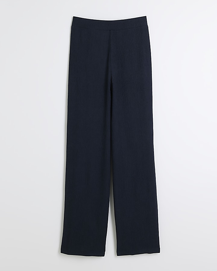 Navy Textured Wide Leg Trousers