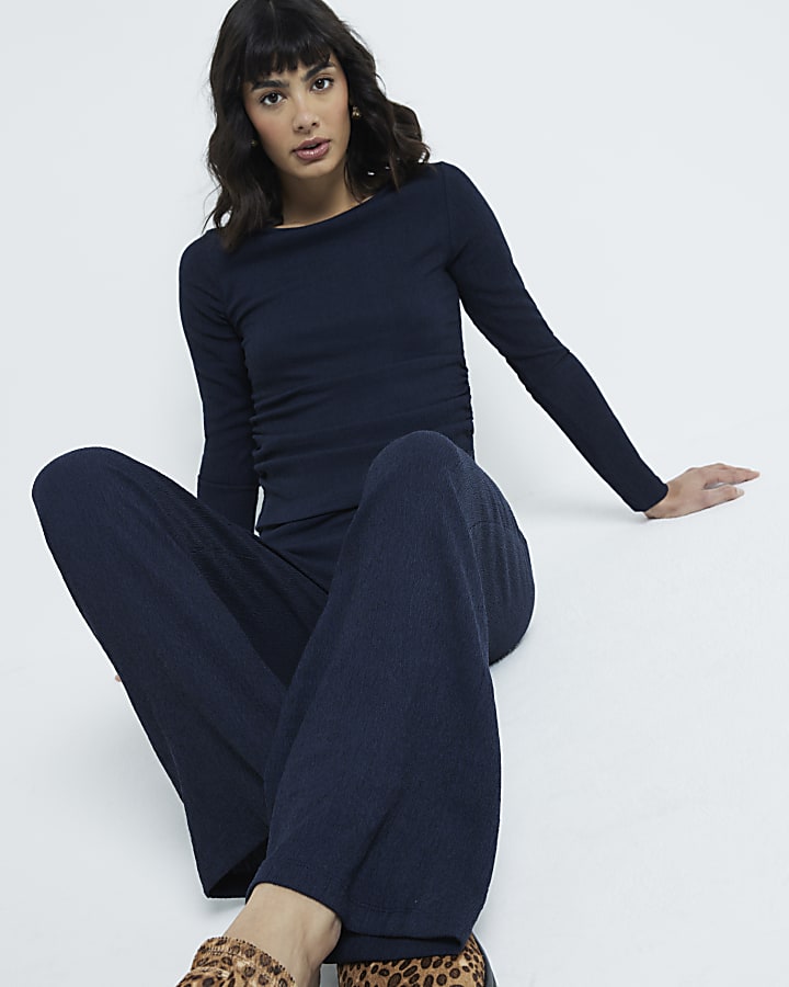 Navy Textured Wide Leg Trousers