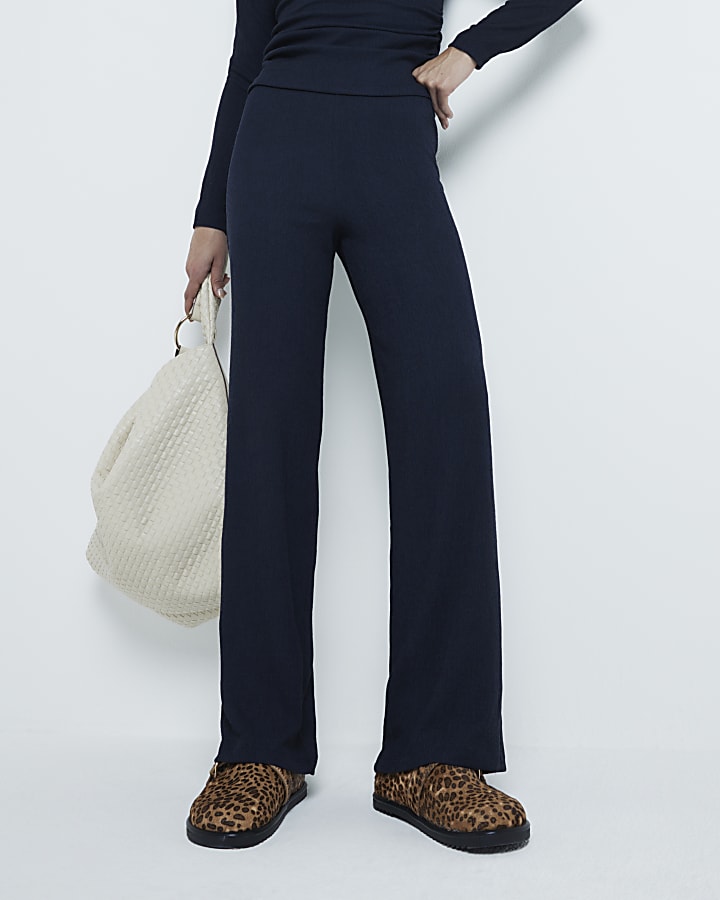 Navy Textured Wide Leg Trousers