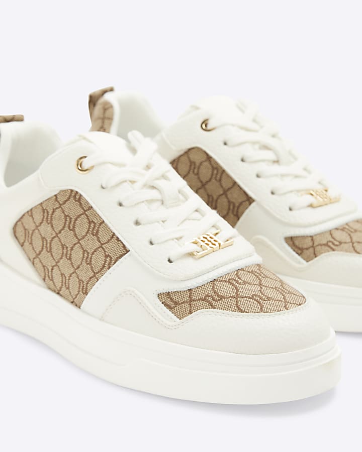 Beige Monogram Lace Up Heel Clip Trainers