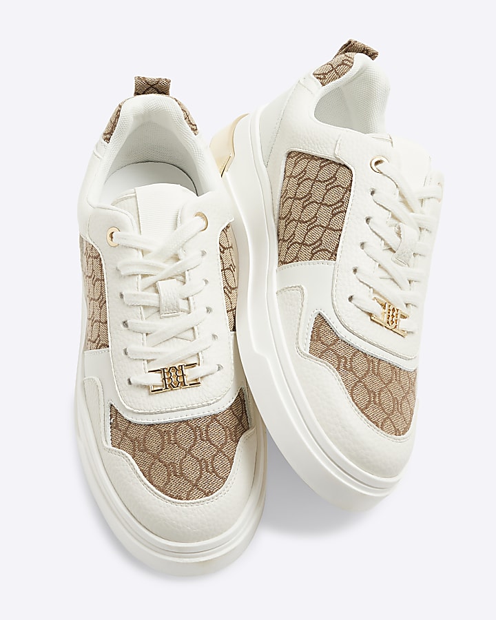 Beige Monogram Lace Up Heel Clip Trainers