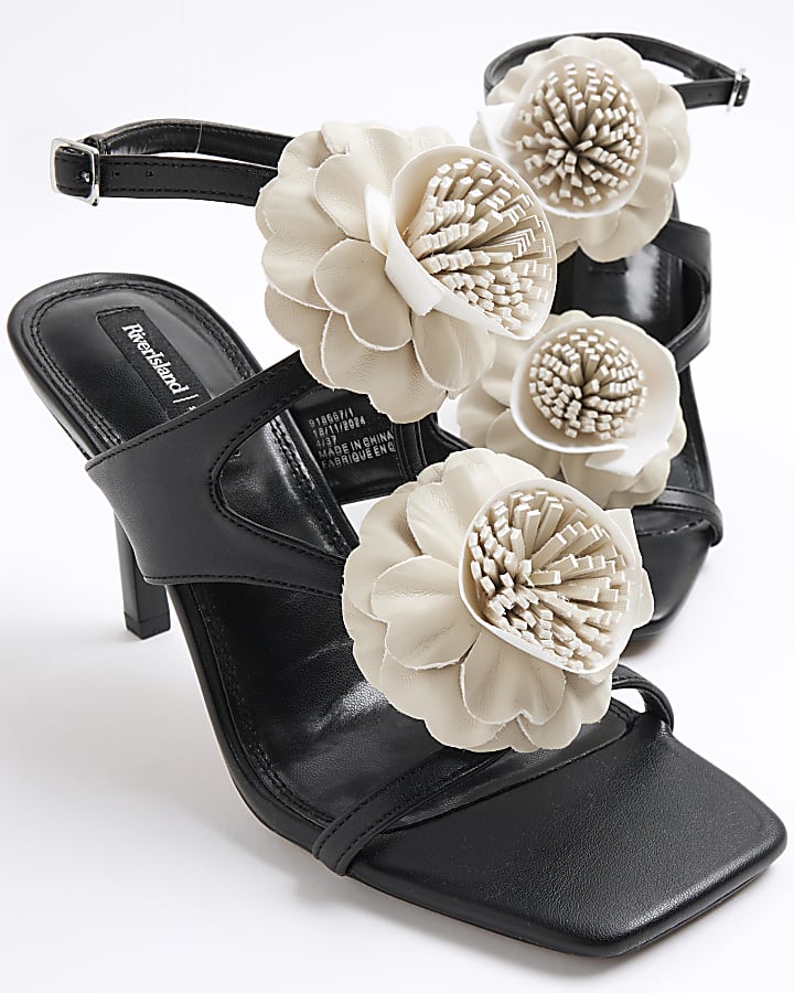 Black Flower Trim Heeled Sandals