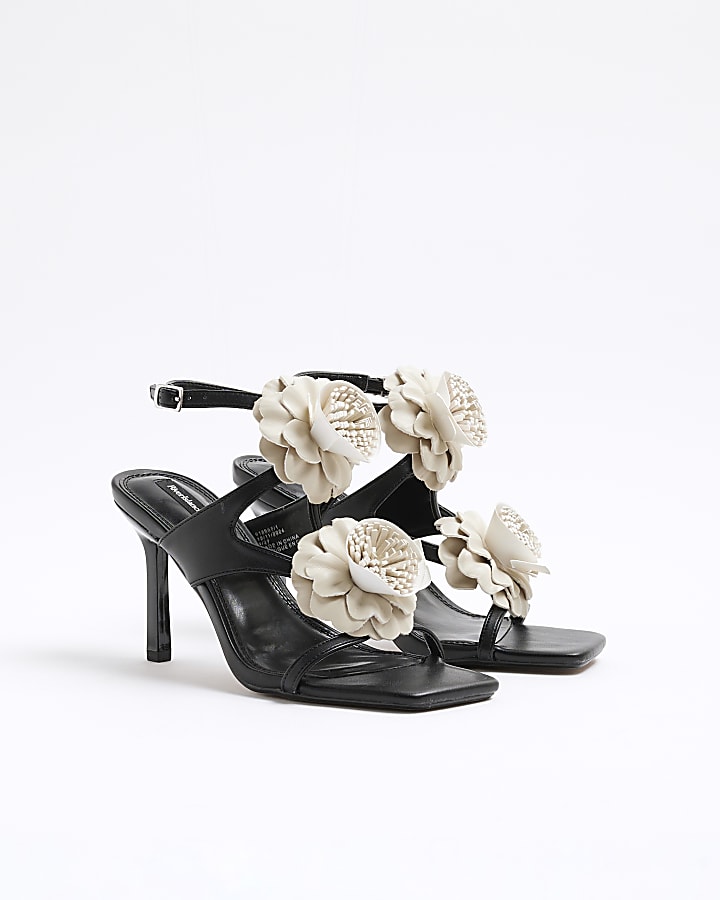 Black Flower Trim Heeled Sandals