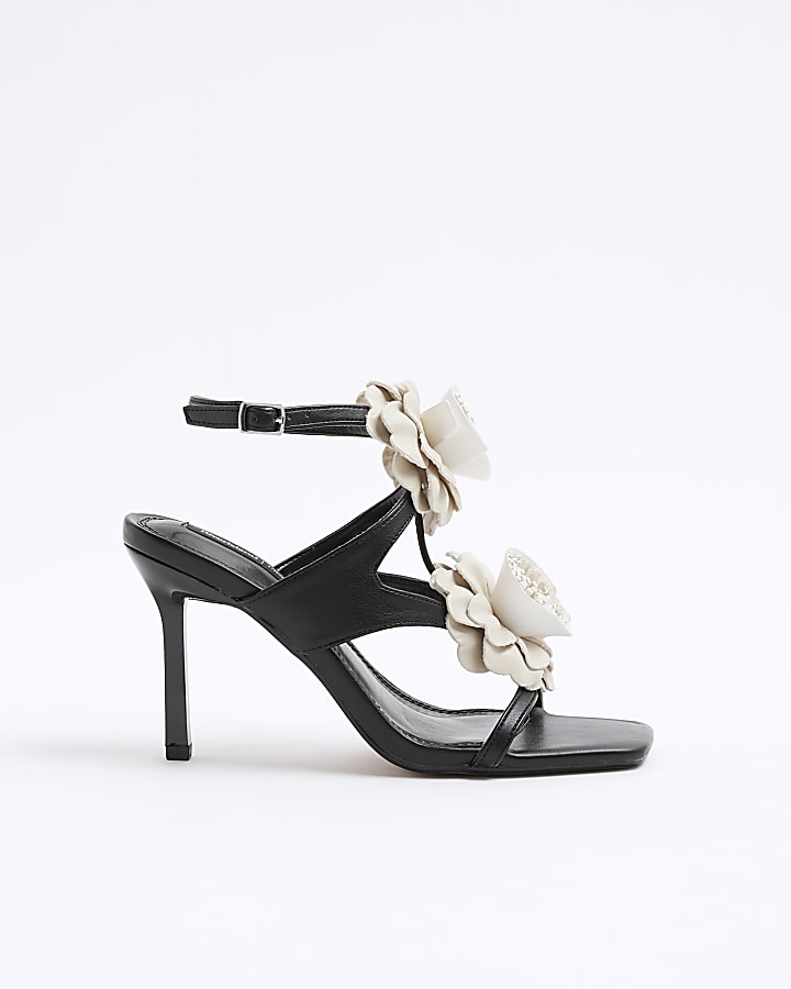 Black Flower Trim Heeled Sandals