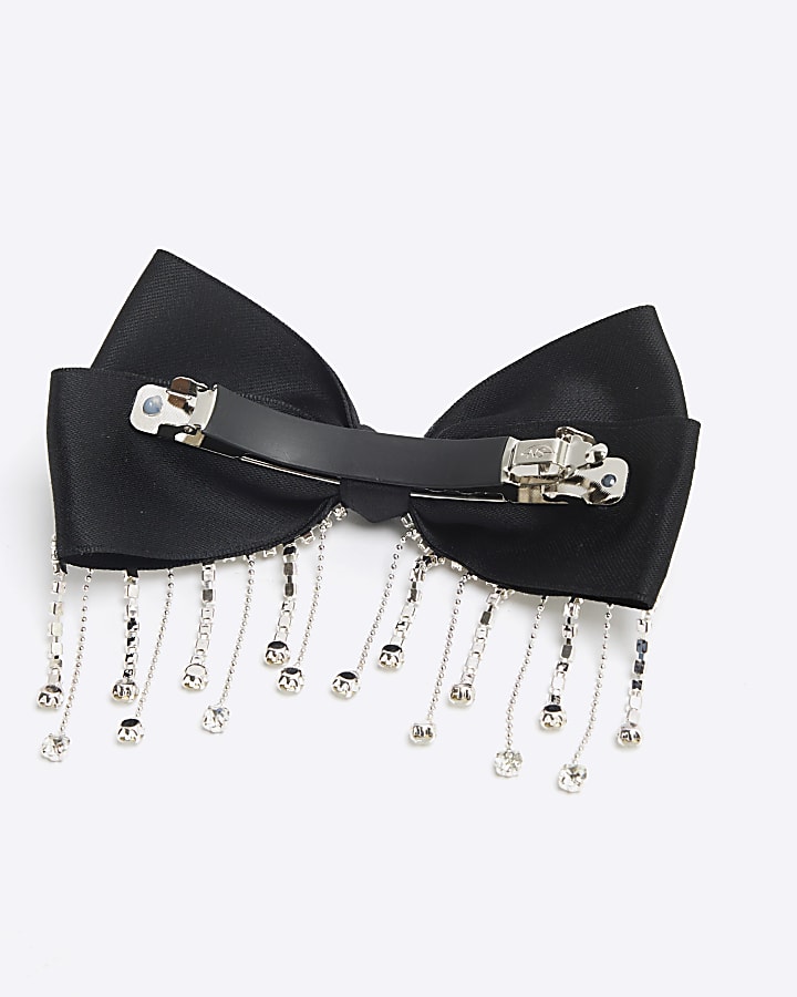 Black Satin Embellished Bow Hair Clip