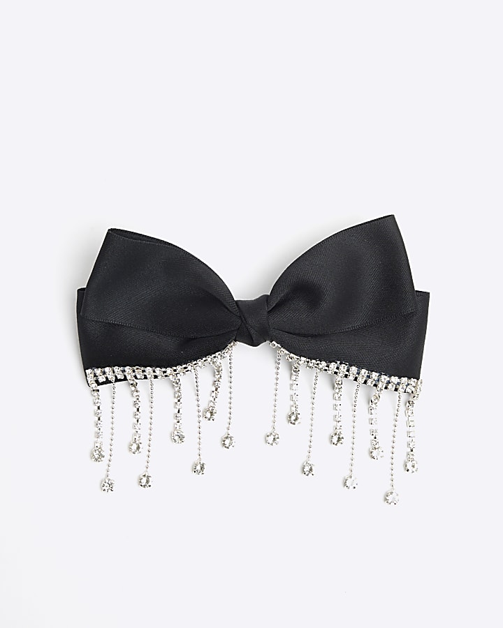 Black Satin Embellished Bow Hair Clip