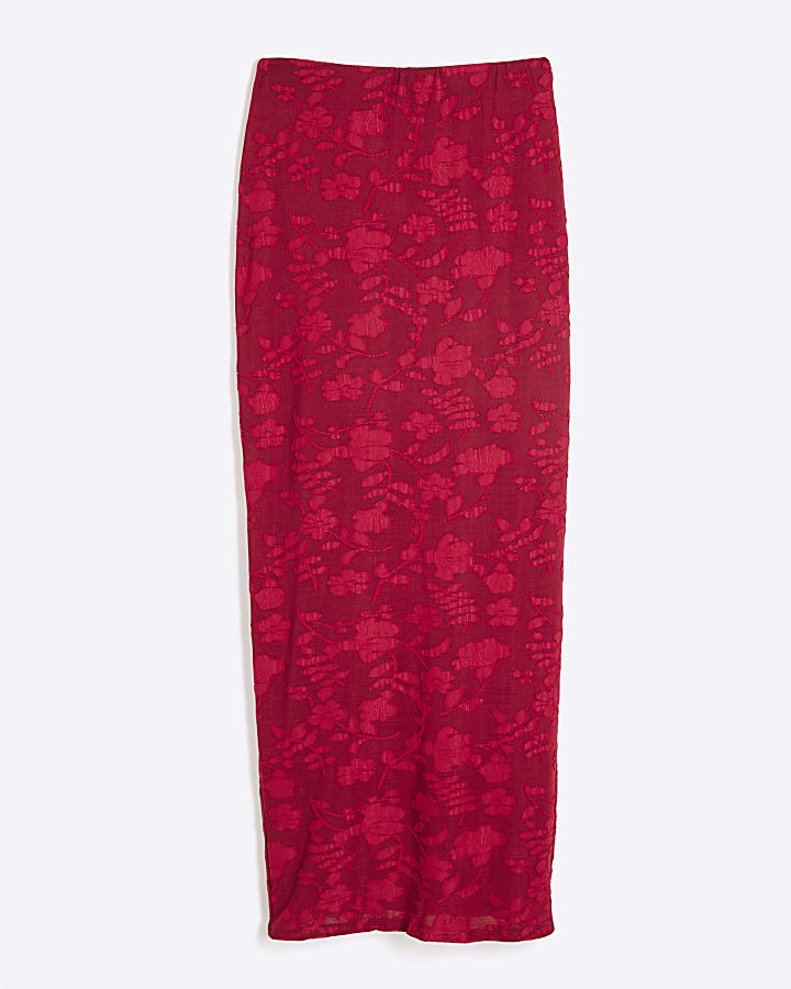 Red Devore Midi Pencil Skirt