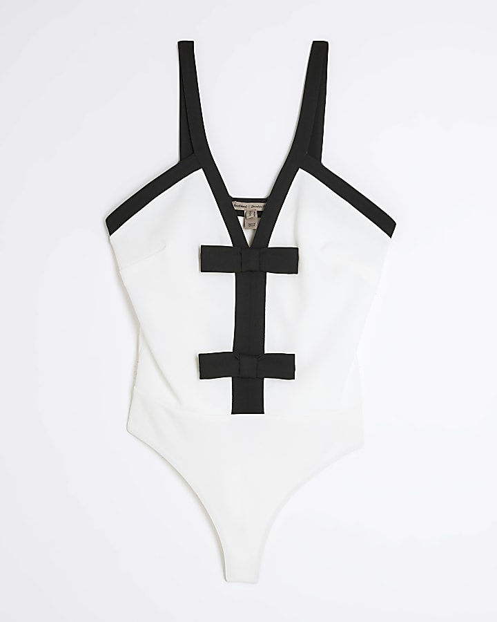 White Sleeveless Monochrome Bow Bodysuit