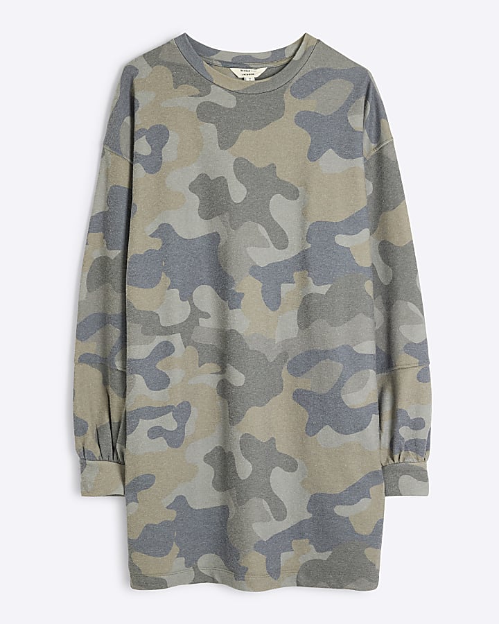 Khaki Camouflage Mini Sweatshirt Dress