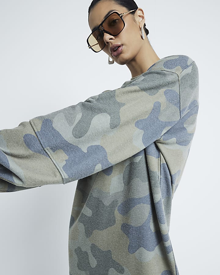 Khaki Camouflage Mini Sweatshirt Dress