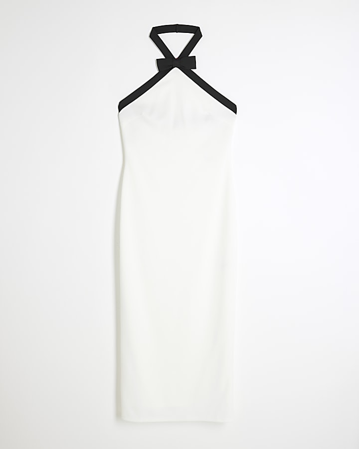 White Monochrome Bow Midi Column Dress