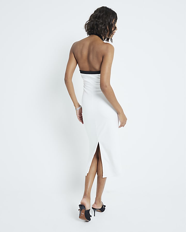 White Monochrome Bow Midi Column Dress