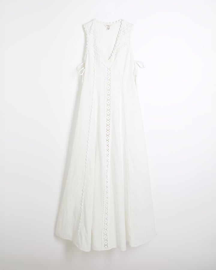 White Sleeveless Lace Insert Maxi Dress