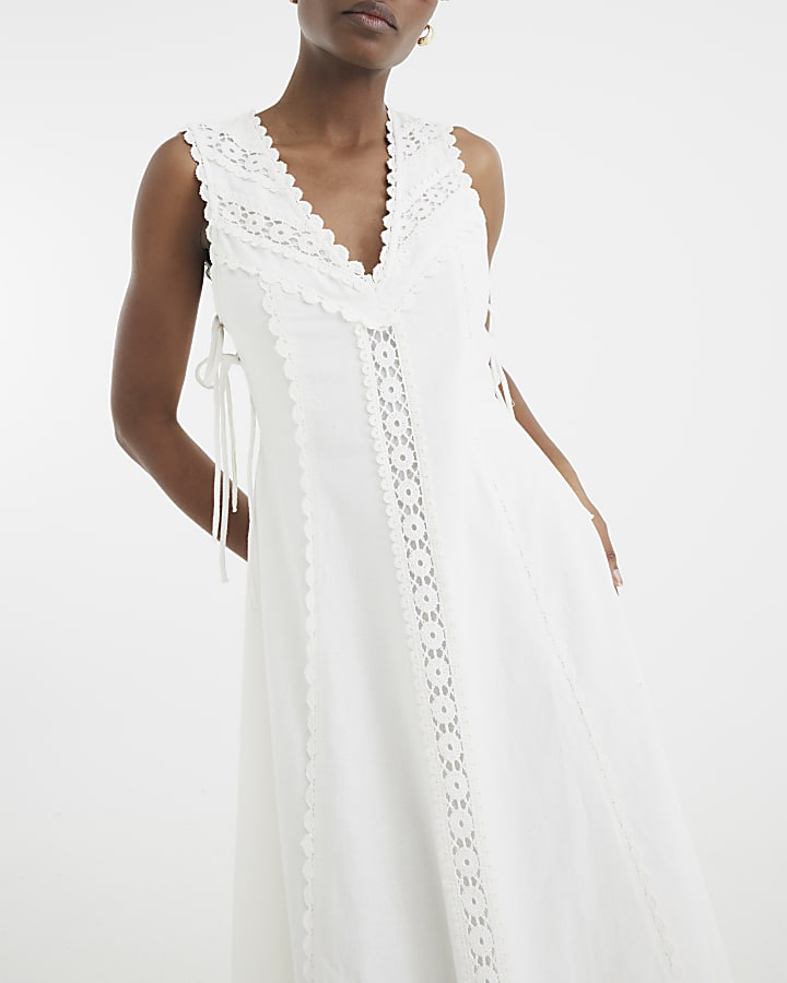 White Sleeveless Lace Insert Maxi Dress