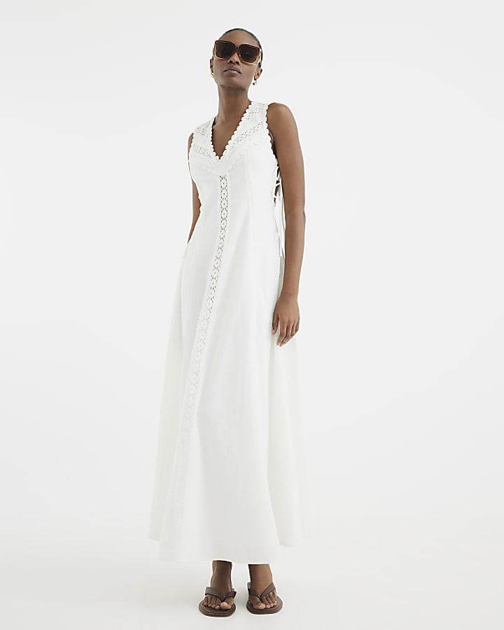 White Sleeveless Lace Insert Maxi Dress