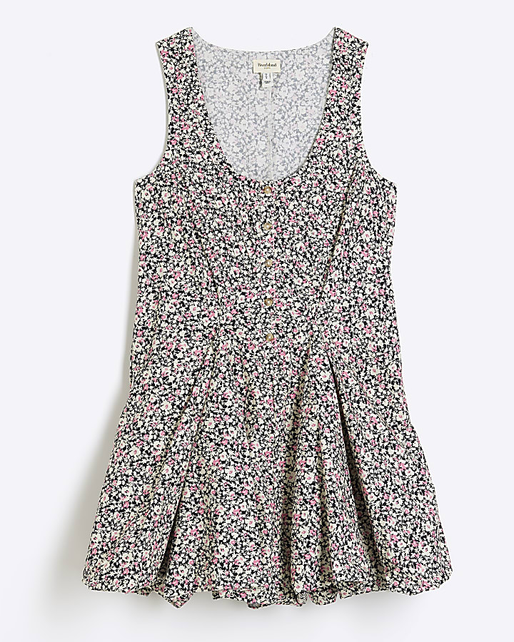 Black Floral Sleeveless Bubble Hem Mini Dress