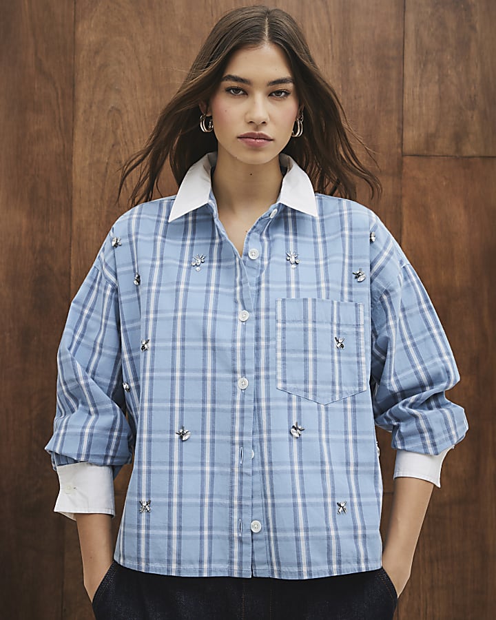 Blue Long Sleeve Check Embellished Shirt