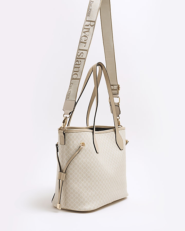 Beige Monogram Side Tie Charm Shopper Bag