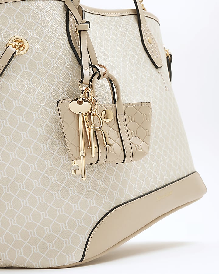 Beige Monogram Side Tie Charm Shopper Bag