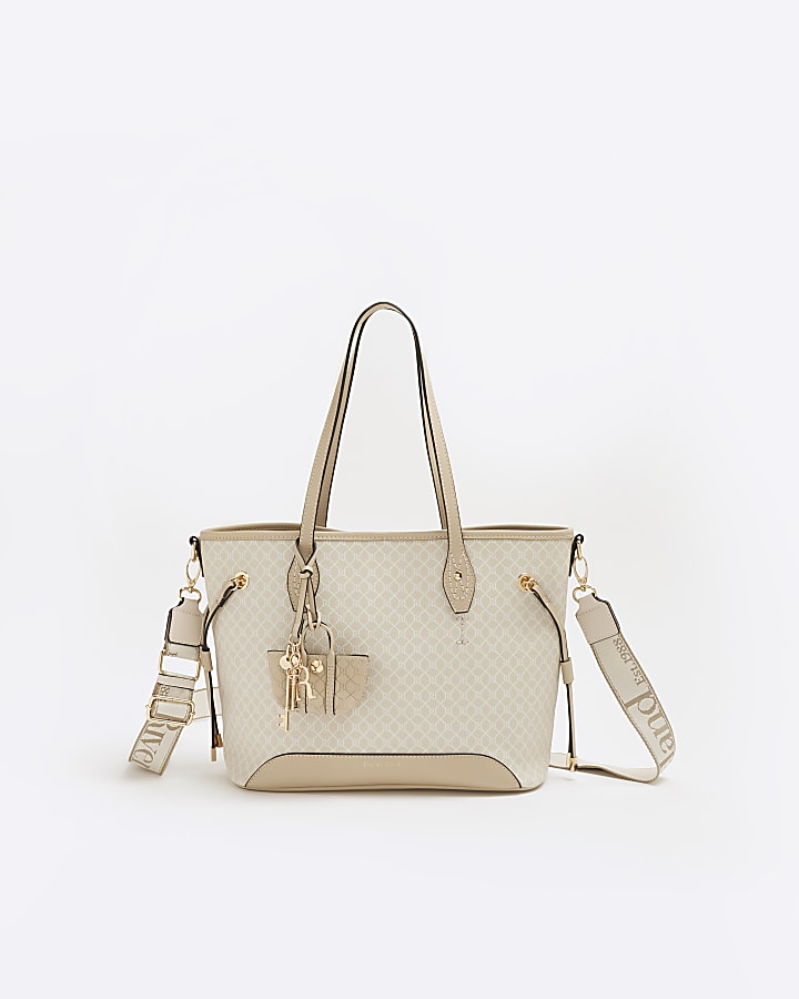 Beige Monogram Side Tie Charm Shopper Bag