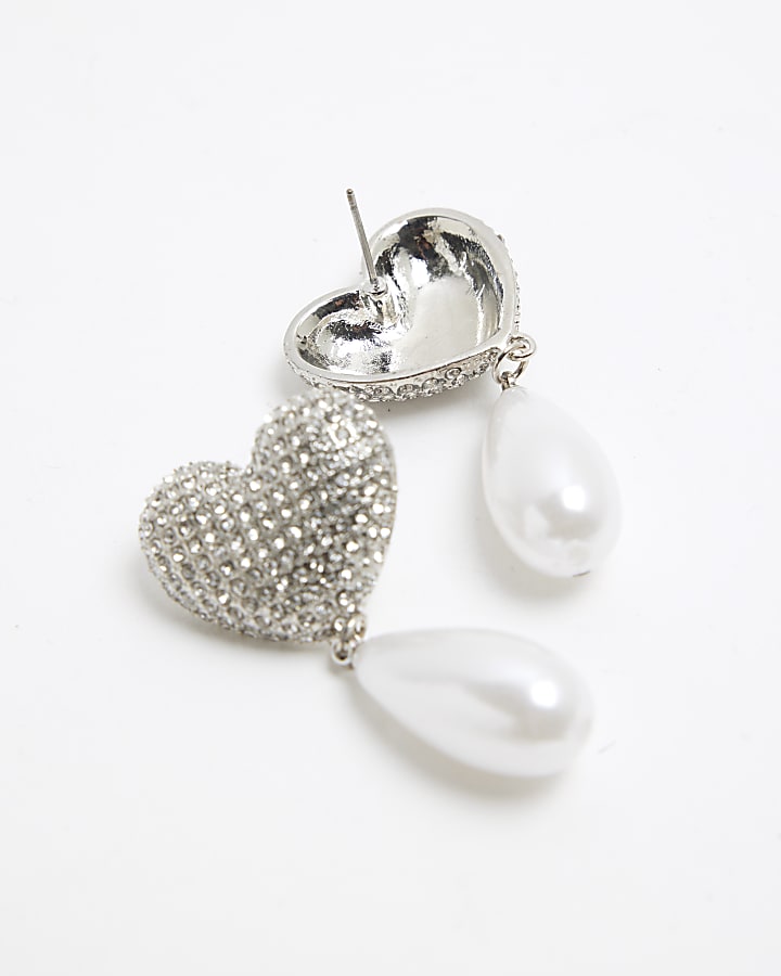 Silver Crystal Heart Pearl Drop Earrings