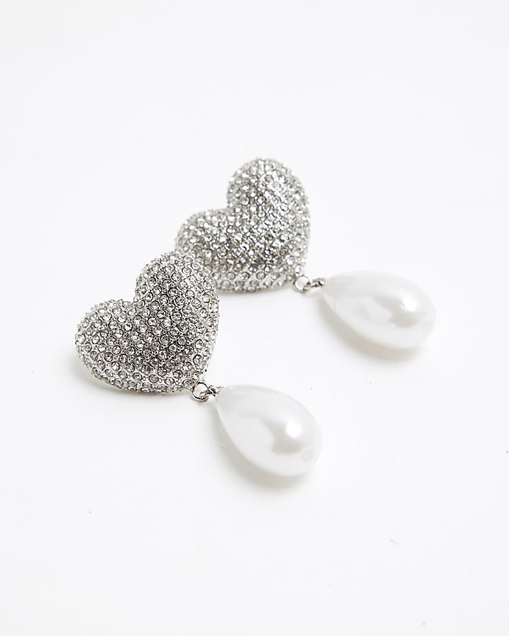 Silver Crystal Heart Pearl Drop Earrings