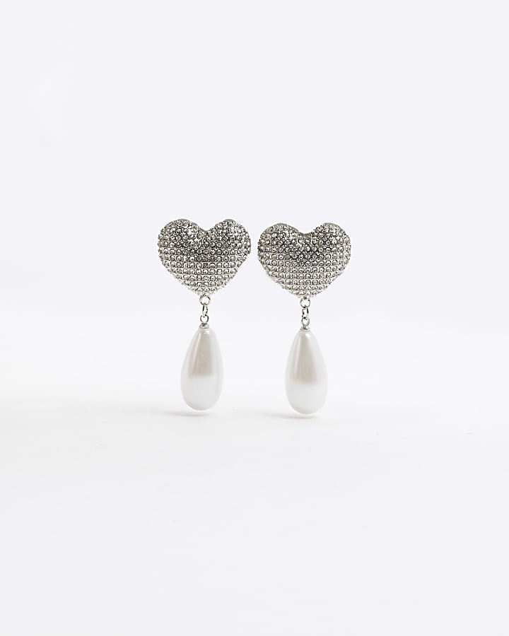 Silver Crystal Heart Pearl Drop Earrings